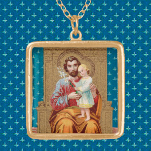 Enthroned St. Joseph with Toddler Christ Child Gold Plated Necklace