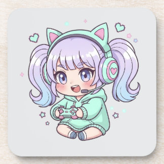Enthusiastic Chibi Gamer Girl Beverage Coaster