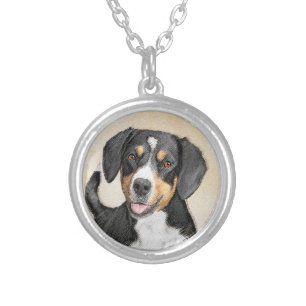 Entlebucher Mountain Dog Painting - Original Art Silver Plated Necklace