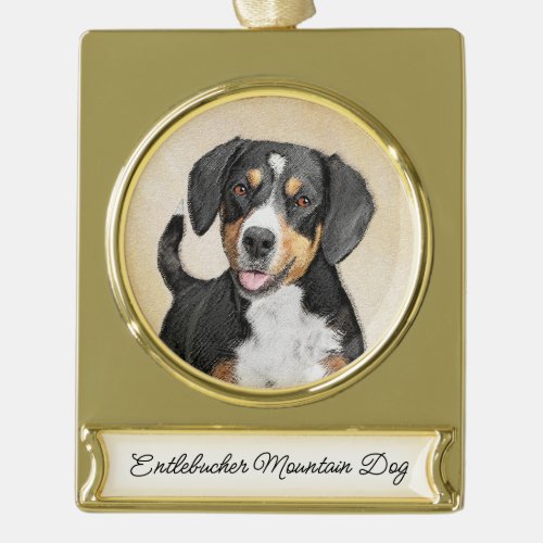 Entlebucher Mountain Dog Painting Original Dog Art Gold Plated Banner Ornament