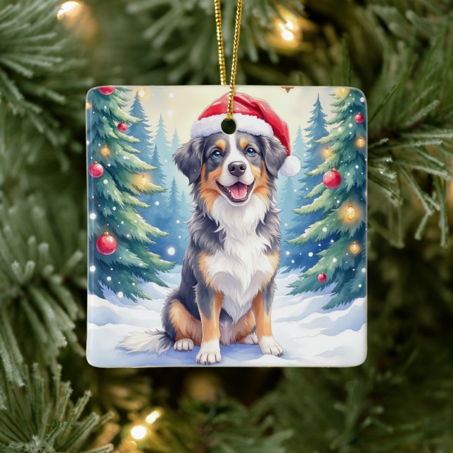 Entlebucher Mountain Dog Snowy Forest Santa Ceramic Ornament (Tree)