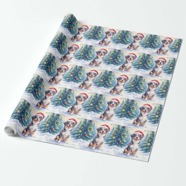 Entlebucher Mountain Dog Snowy Forest Santa Wrapping Paper (Unrolled)