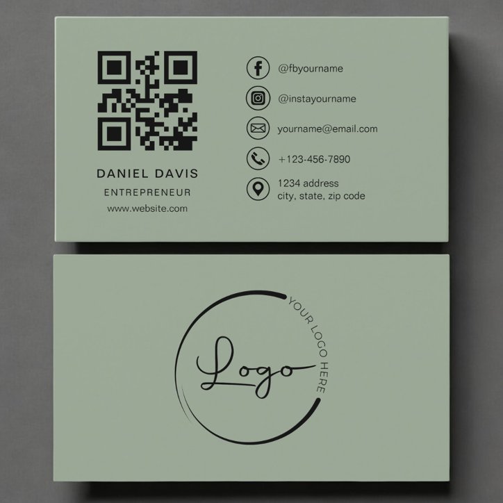 Entrepreneur Sage Green Logo QR Code Business Card
