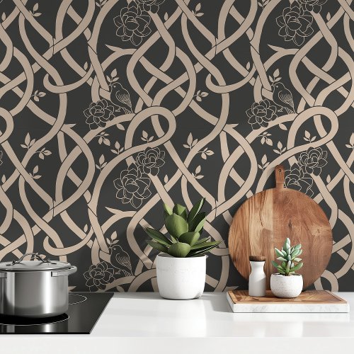 Entwined Elegance: Black and Beige Floral Bird Wallpaper