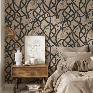 Entwined Elegance: Black and Beige Floral Bird Wallpaper