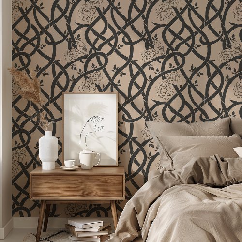 Entwined Elegance: Black and Beige Floral Bird Wallpaper