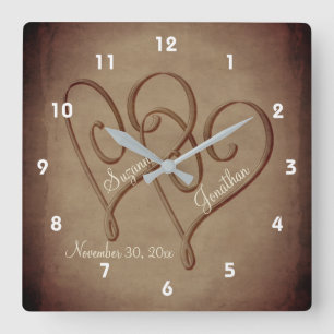 Entwined Hearts In Sepia Personalized Wedding Square Wall Clock