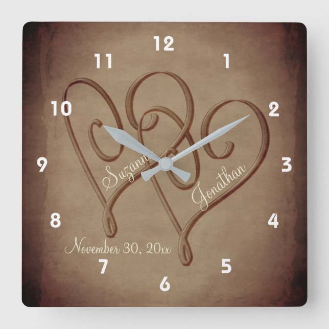 Entwined Hearts In Sepia Personalized Wedding Square Wall Clock (Front)