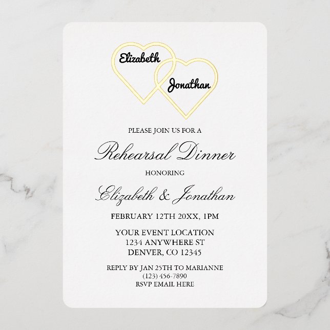 Entwined Hearts Rehearsal Dinner Foil Invitation (Front)