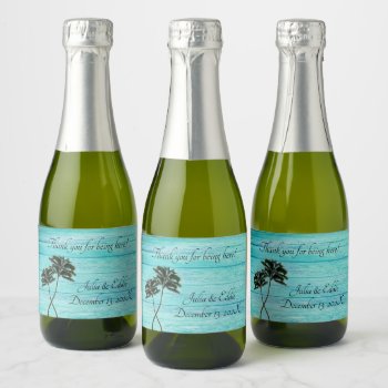 Entwined Palm Trees Blue Wood Thank You Favor Sparkling Wine Label by sandpiperWedding at Zazzle