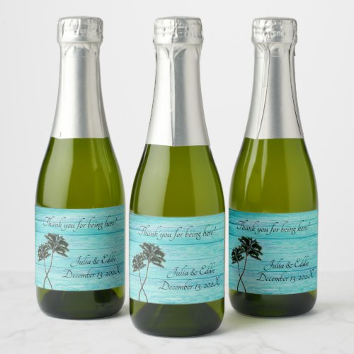 Entwined Palm Trees Blue Wood Thank You Favor Sparkling Wine Label