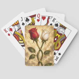 Entwined red and white roses. poker cards