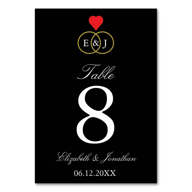 Entwined Rings Wedding Table Number (Front)