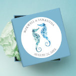 Envelope Seal Sticker, Blue Seahorse Beach Wedding<br><div class="desc">Add a coastal touch to your celebration with these beach wedding favors designed as personalized wedding favor stickers featuring a charming seahorse motif in shades of blue and turquoise. Each thank you sticker can be customized with the couple’s names and wedding date, making them a thoughtful finishing detail. Perfect for...</div>