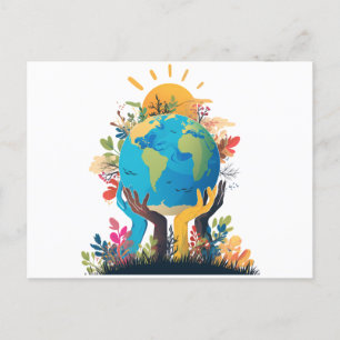 Environment - Earth Illustration with Hand & sun Holiday Postcard
