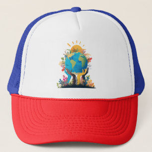 Environment - Earth Illustration with Hand & sun Trucker Hat