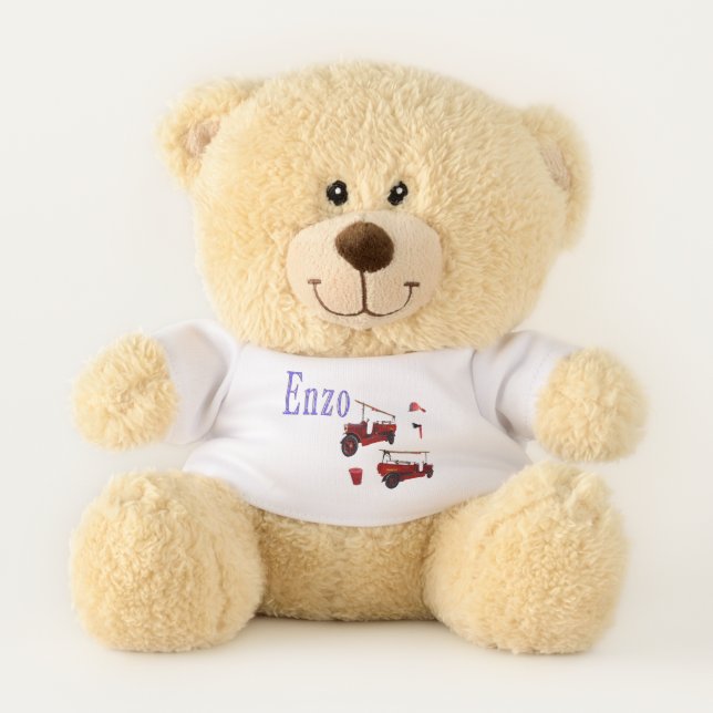 Enzo Name And Fire Trucks, Teddy Bear (Front)