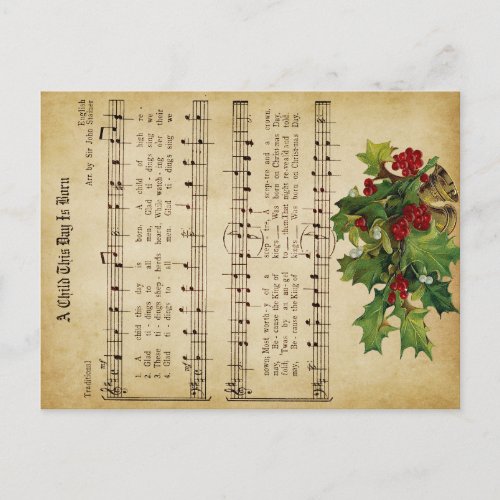 Ephemera A Child This Day Is Born Christmas Carol  Holiday Postcard