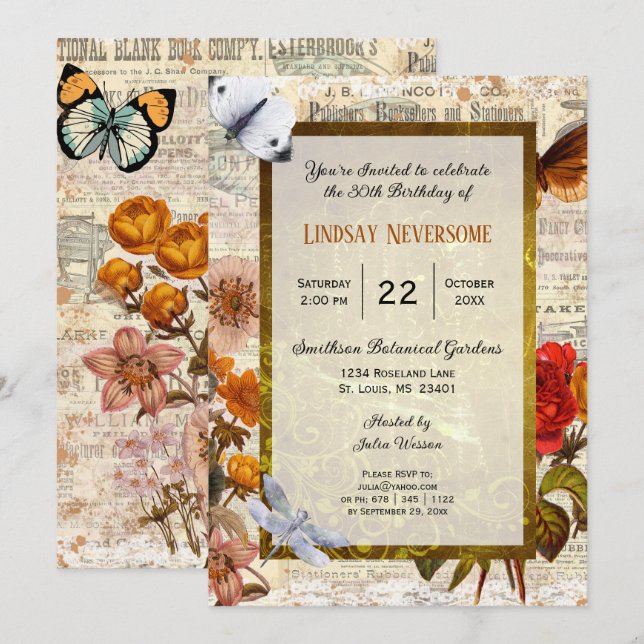 Ephemera Aesthetic Stylish Vintage Birthday Party Invitation (Front/Back)