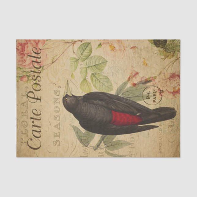 Ephemera Black Red Bird Pink Roses Decoupage Tissue Paper (Front)