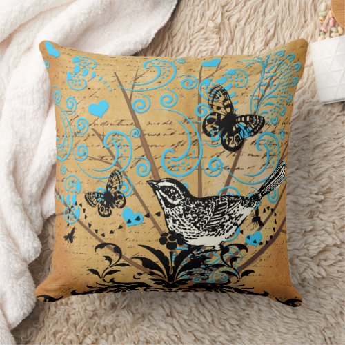 Ephemera Bright Modern Tree Bird Vintage Butterfly Throw Pillow