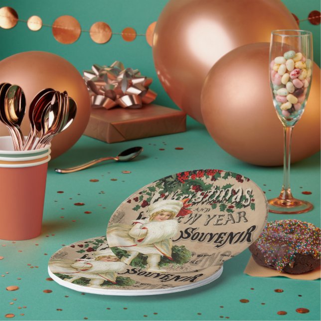 Ephemera Christmas New Year Souvenir Poster Paper Plates (Multi)