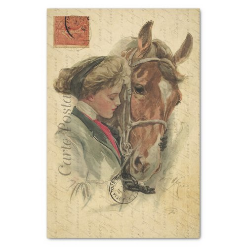 Ephemera Drawing of Lady With Her Horse Decoupage Tissue Paper