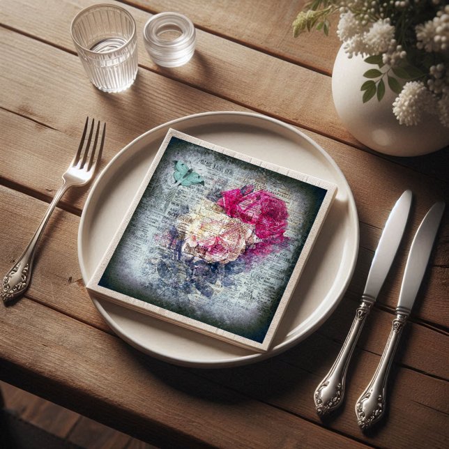 Ephemera Floral Butterfly Newsprint Decoupage Paper Dinner Napkins (Creator Uploaded)