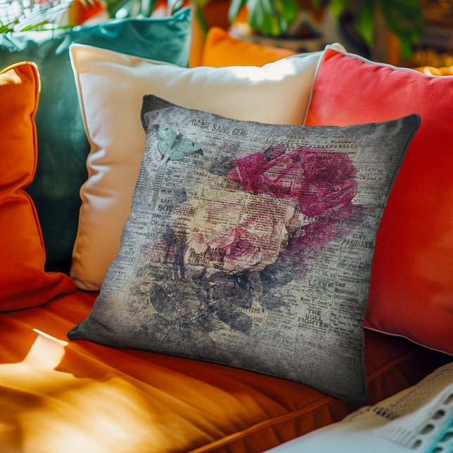 Ephemera Floral Butterfly Newsprint Throw Pillow (Creator Uploaded)