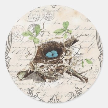 Ephemera French Botanical Robin Eggs Bird Nest Classic Round Sticker by WhenWestMeetEast at Zazzle