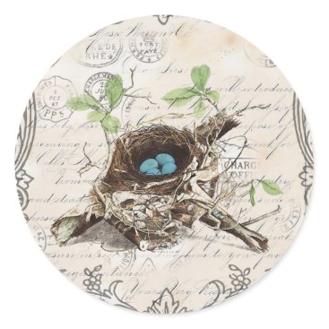 ephemera french botanical robin eggs bird nest classic round sticker