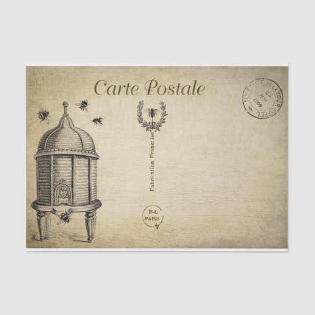 Ephemera French Postcard Beehive Bees Decoupage Tissue Paper (Front)