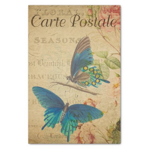 Ephemera French Postcard Blue Butterfly Decoupage Tissue Paper