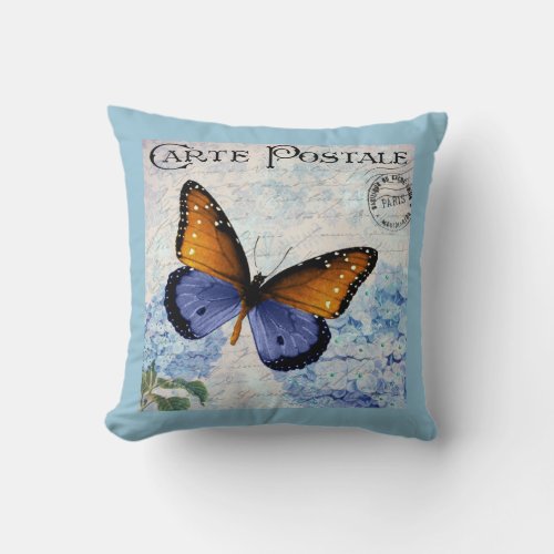 Ephemera French Postcard Butterfly Blue Floral Throw Pillow
