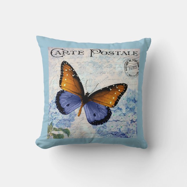 Ephemera French Postcard Butterfly Blue Floral Throw Pillow (Front)