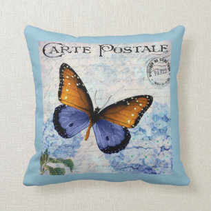 Ephemera French Postcard Butterfly Blue Floral Throw Pillow