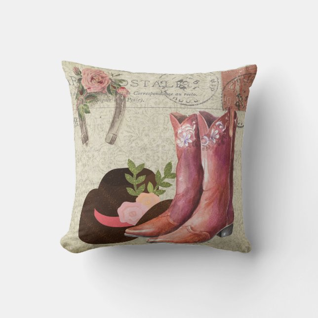 Ephemera French Postcard Cowboy Boots Hat Floral Throw Pillow (Front)