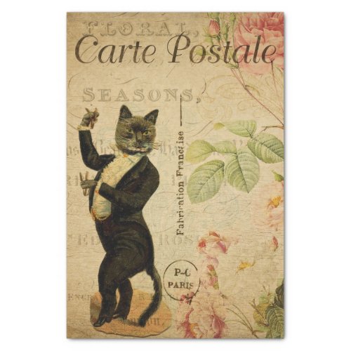 Ephemera French Postcard Dancing Cat Decoupage Tissue Paper