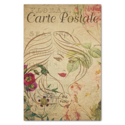 Ephemera French Postcard Line Art Woman Decoupage Tissue Paper