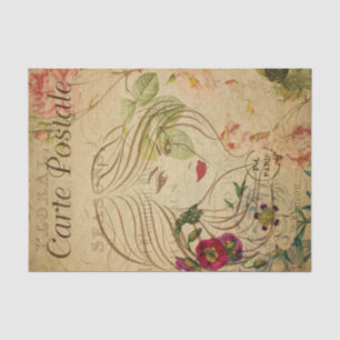 Ephemera French Postcard Line Art Woman Decoupage Tissue Paper