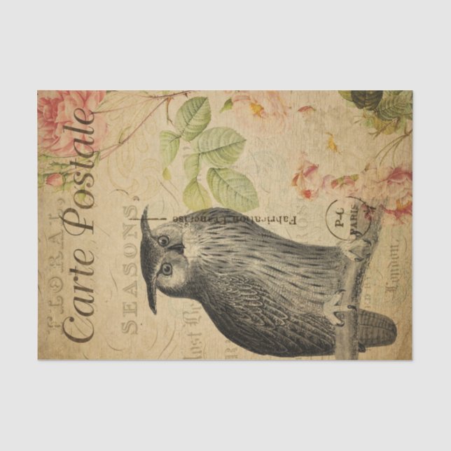 Ephemera French Postcard Owl Pink Roses Decoupage Tissue Paper (Front)