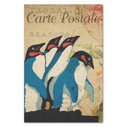 Ephemera French Postcard Penguins Floral Decoupage Tissue Paper