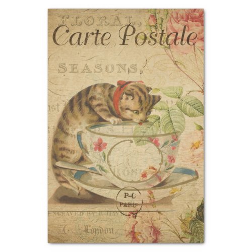 Ephemera French Postcard Pretty Cat Decoupage  Tissue Paper