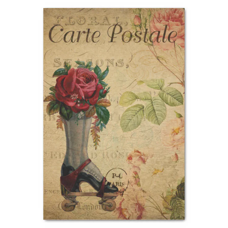 Ephemera French Postcard Roller Skate Decoupage Tissue Paper Zazzle