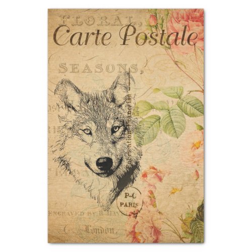 Ephemera French Postcard Wolf Floral Decoupage Tissue Paper