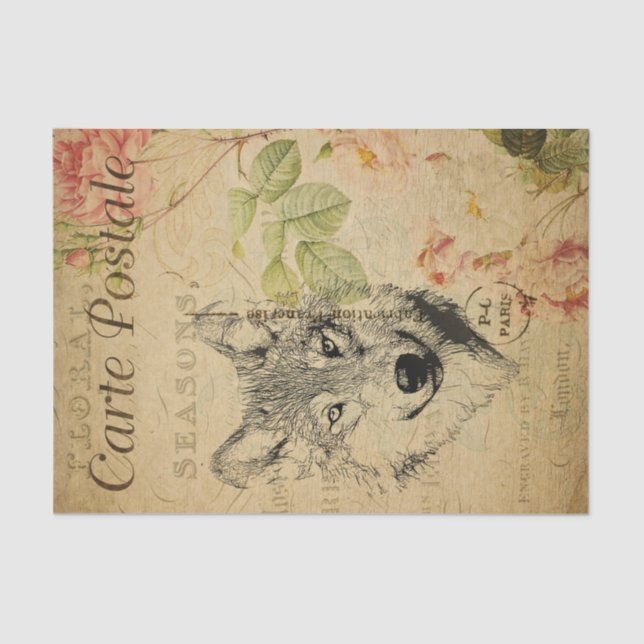 Ephemera French Postcard Wolf Floral Decoupage Tissue Paper (Front)