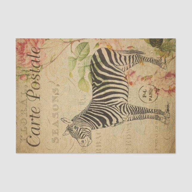 Ephemera French Postcard Zebra Pink Rose Decoupage Tissue Paper (Front)