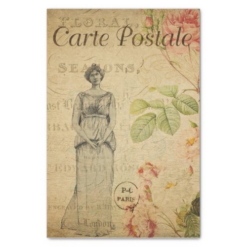 Ephemera French Woman Pink Roses Floral Decoupage Tissue Paper