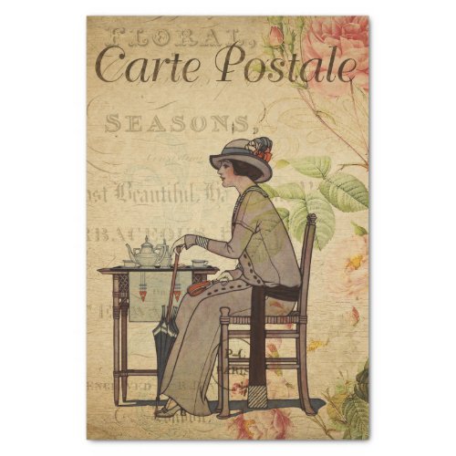 Ephemera French Woman Taking Tea Floral Decoupage Tissue Paper