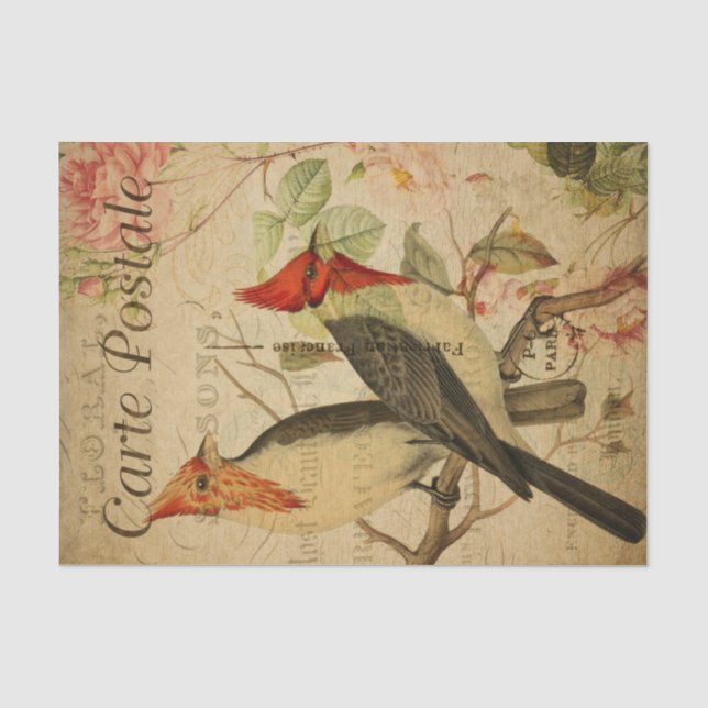Ephemera Two Weaver Birds Pink Roses Decoupage Tissue Paper (Front)